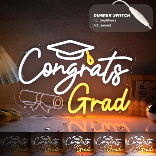 Vista 2 de Britrio Letrero de neón con texto en inglés "Congrats Grad" para graduación, celebración, fiesta, decoración iluminada, clase de 2026