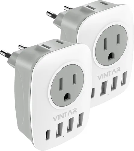 Vista 19 de Paquete de 2 adaptadores de enchufe de Sudáfrica, adaptador de enchufe VINTAR tipo M con 1 USB C, 3 puertos USB y 2 enchufes estadounidenses