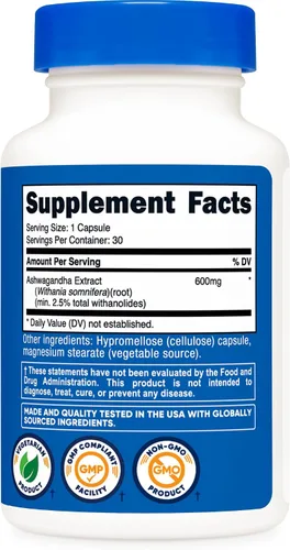 Vista 5 de Nutricost Extracto de Raíz de Ashwagandha Suplemento Herbal 600mg, 30 Cápsulas - Vegetariano, Sin OGM, Sin Gluten