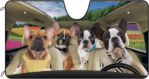 Vista 12 de Parasol para parabrisas delantero de automóvil para perro, caniche de almendra, hermosas flores, decoración para vehículo, reflector de rayos UV