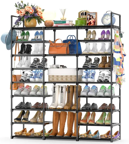 Vista 10 de Kottwca - Zapatero de 7 niveles de metal para entrada y armario, con capacidad para 24-28 pares, estante apilable para zapatos y botas con ganchos