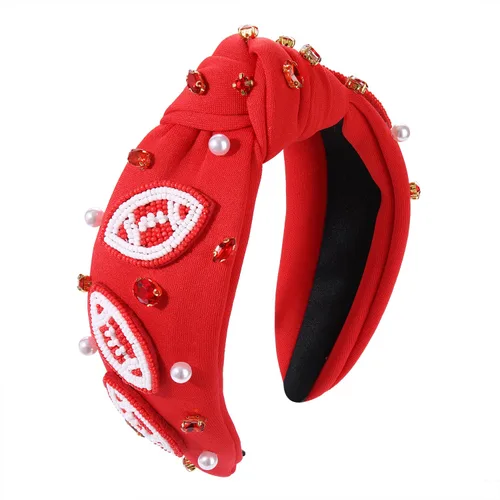 Vista 11 de Diademas anudadas de fútbol para mujer, diadema deportiva para el día del juego, diadema de cristal perlado con nudo superior ancho, accesorios