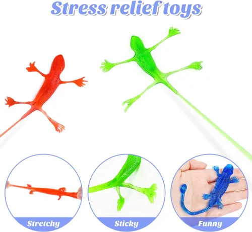 Vista 3 de STOBOK 24 juguetes de lagarto pegajosos – Figuras elásticas de Gecko y juguete adhesivo para niños, recuerdos de fiesta de arrastre de pared