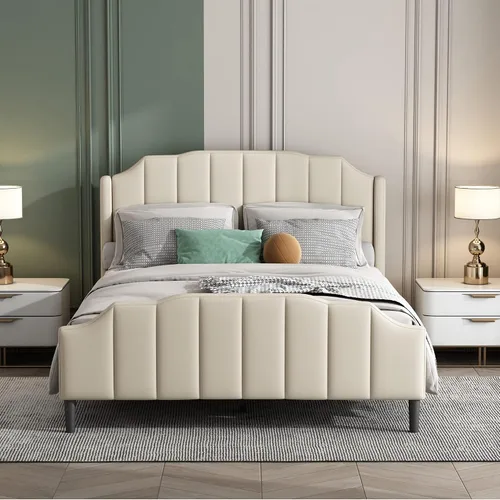 Vista 24 de Cama de plataforma tapizada de tamaño matrimonial con cabecera de terciopelo con patrón de flores, con marco de cama de soporte de listones
