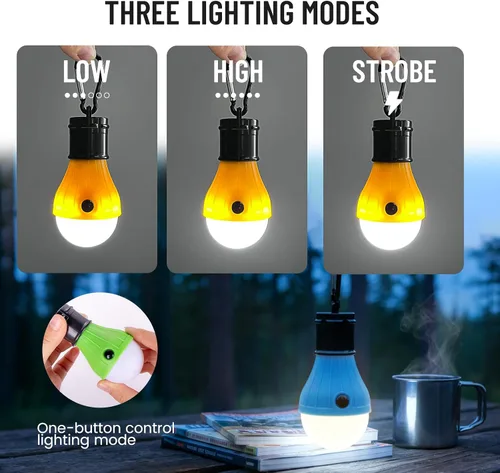 Vista 8 de Juego de 4 faroles LED para campamento, luces portátiles para tienda de campaña con ganchos de clip y 3 modos (alto/bajo/estroboscópico), lámpara