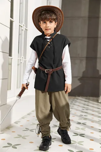 Vista 3 de Camisetas de pirata renacentista para niños, estilo vikingo, medieval, sin mangas, con cordones, de algodón escocés