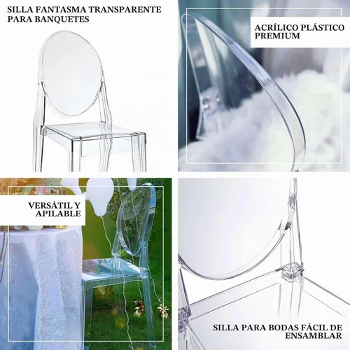 Vista 4 de Efavormart - Juego de 1 silla de banquete transparente sin brazos apilable con respaldo ovalado acrílico, construcción de plástico invisible