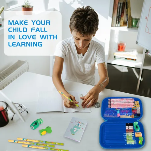 Vista 8 de homicozy Estuche para lápices para niños, bonito juego de papelería de dinosaurio para niños, organizador de lápices escolar de EVA 3D