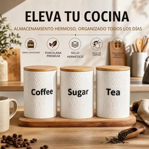 Vista 7 de Peohud Juego de 3 recipientes de cerámica para cocina, tarros herméticos de almacenamiento de alimentos de 29 onzas con tapas de bambú, juego