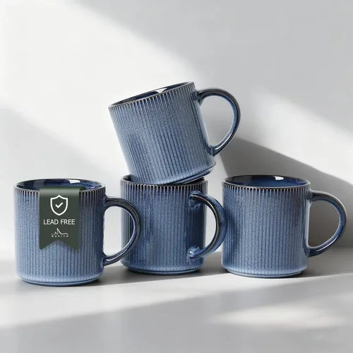 Vista 12 de MONITO - Juego de 4 tazas de café de 16 onzas, juego de tazas de café rústicas de cerámica con asa Vintage Striped Stoneware Large Coffee Mugs for