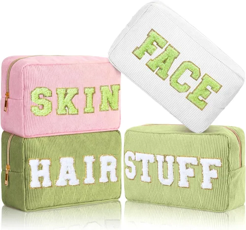 Vista 12 de Pinkunn 4 Piezas Bolsas de Maquillaje Preppy Bolsas de Chenilla con Letras de Viaje Organizador Facial Piel Cabello Higiene Cosmética Bolsa de Aseo
