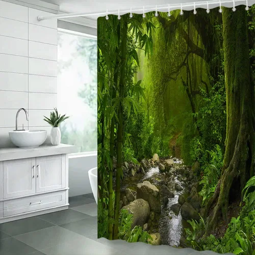 Vista 2 de Cortina de ducha de selva tropical, verde selva, bosque, arroyo, plantas exóticas, naturaleza primitiva, naturaleza, paisaje botánico, decoración