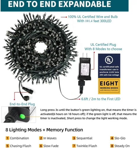 Vista 2 de Guirnalda de luces de Navidad con enchufe de extremo a extremo, 8 modos, 108 pies, 300 LED, IP55, impermeable, con certificación UL