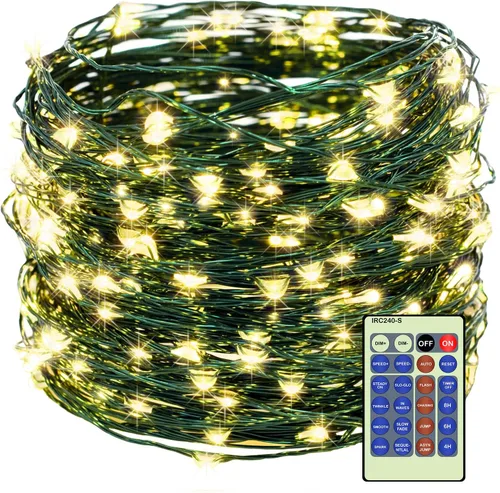 Vista 9 de Decute - Tira de luces de hadas de 300 LED de 99 pies de alambre plateado para árbol de Navidad, con control remoto, luz estrellada tipo luciérnaga