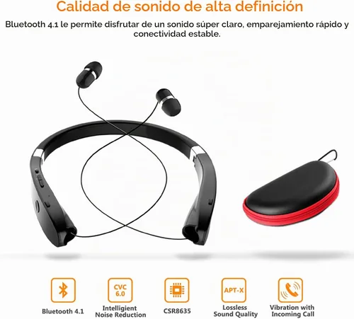 Vista 4 de Auriculares Bluetooth plegables, Beartwo Auriculares Bluetooth retráctiles ligeros para deportes y ejercicio, auriculares inalámbricos estéreo