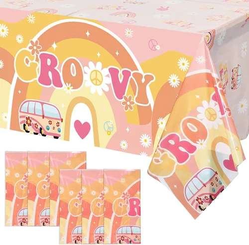 Vista 9 de 3 manteles de plástico para fiestas, diseño de flores, estilo retro, hippie, bohemio, decoración de fiesta de arcoíris, margarita, flor