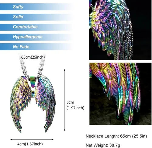 Vista 4 de bahamut Collar colorido de alas de ángel de la guarda para mujeres, hombres y mujeres, cadena colgante de acero inoxidable, amuleto de protección