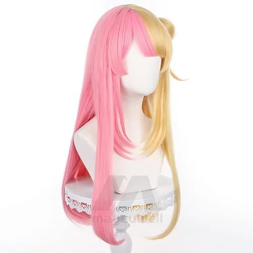Vista 3 de Vtuber Kotoka - Peluca de cosplay con cabello sintético largo y lacio rosa y rubio amarillo para mujer, con gorra de peluca gratis para Comic Con