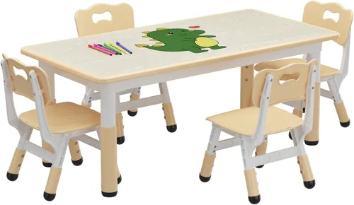 Vista 9 de Juego de mesa y 4 sillas para niños, mesa y sillas ajustables en altura para niños de 2 a 10 años, escritorio con graffiti, patas antideslizantes