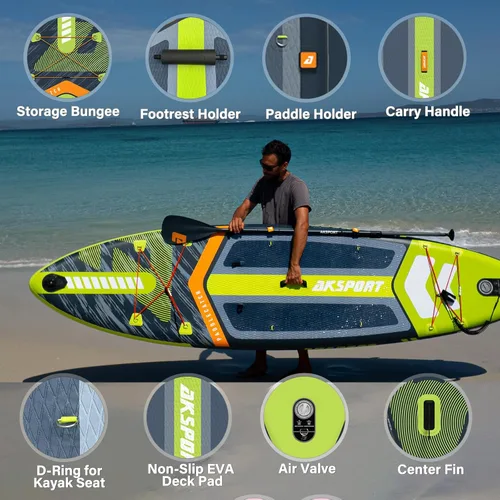 Vista 4 de AKSPORT Tabla de Paddle Inflable de Pie, Tabla SUP con Todos los Accesorios, Diseño Amplio y Estable, Cubierta Antideslizante, Tablas de Paddle