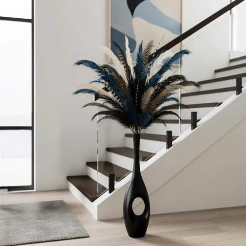 Vista 8 de Jarrón de piso negro de 60 cm – Cuerpo ovalado en forma de dona con cuello delgado de 7,6 cm, jarrones decorativos altos modernos para sala