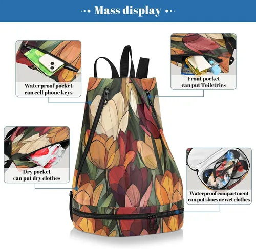 Vista 4 de Retro elegante tulipanes arte cordón deportes bolsa yoga natación cadena mochila con compartimentos húmedos secos bolso para portátil mujer