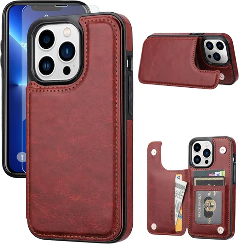 Vista 13 de Funda tipo cartera compatible con iPhone 13 Pro de 6.1 pulgadas, funda protectora delgada con tarjetero, piel sintética de alta calidad, ranuras