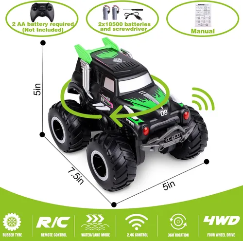 Vista 6 de Coches de control remoto anfibios, 1/20 Stunt RC Rock Crawler Monster Truck Toy con dos baterías recargables alternativas, vehículos todoterreno 4WD