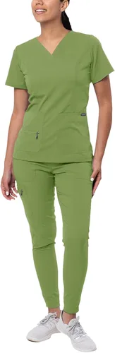 Vista 27 de Adar Pro Scrubs for Women Set - V-Neck & Jogger Cargo Pants, 7 Pockets Blanco