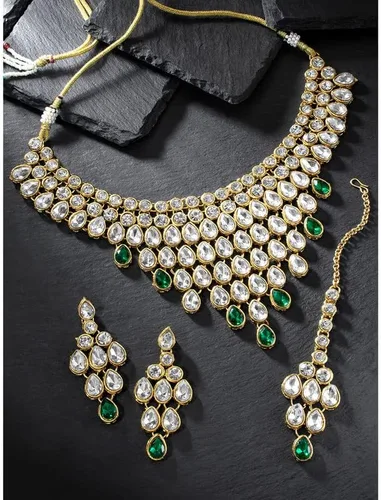 Vista 2 de Aheli Exquisito collar con tachuelas Kundan de imitación para fiesta de boda con Maang Tikka, joyería tradicional étnica india para mujer, Sin