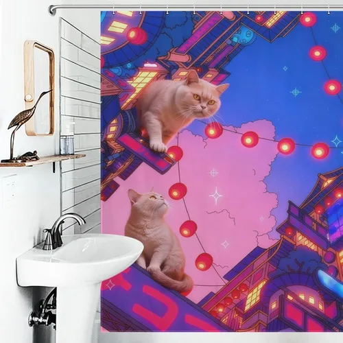 Vista 3 de Neon City - Cortina de ducha de gatos con linternas, poliéster impermeable, decoración Cyberpunk para niños y adultos, se adapta a bañera, ducha