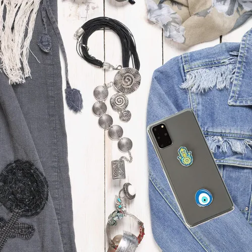 Vista 6 de Pegatinas de metal para fundas de celular. Blue Evil Eye y Hamsa. Juego de 2. Reutilizables y extraíbles. No deja residuos. Símbolos espirituales