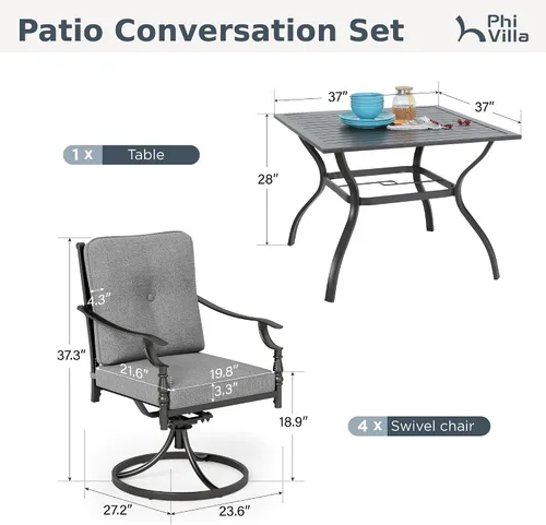 Vista 9 de PHI VILLA Juego de comedor al aire libre de 5 piezas para 4, mesa cuadrada de hierro forjado con agujero para paraguas y sillas giratorias de metal