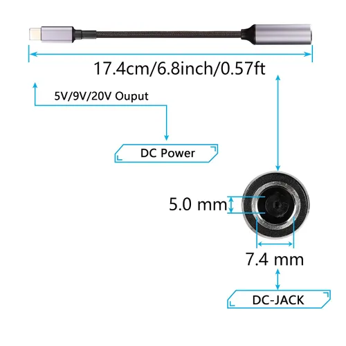 Vista 2 de SinLoon PD 100W DC 0.291 in x 0.197 in Hembra (0.291 x 0.024 in) Entrada a USB tipo C Macho Cable de carga de alimentación, 100W DC7450 a Tipo C