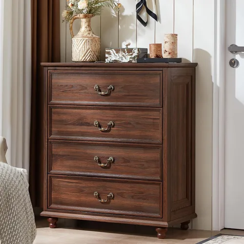 Vista 22 de Joaxswe Cómoda rústica de 4 cajones para dormitorio, cómoda rústica de 37 pulgadas de alto con 4 pies de madera maciza, organizador de armario