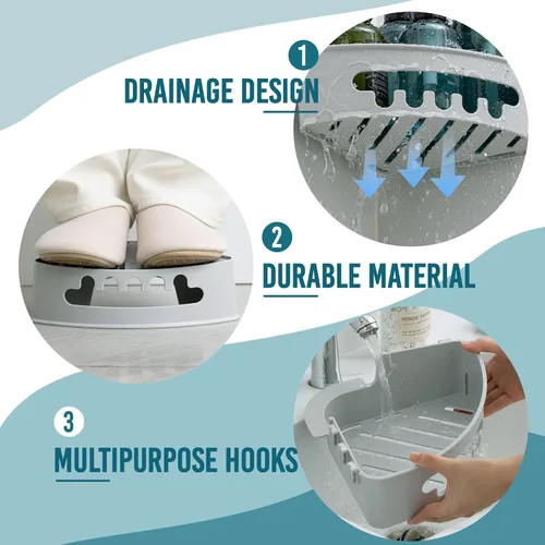 Vista 4 de TAILI Organizador de ducha de esquina con ventosas, organizador de pared montado, estante de plástico para baños pequeños, cocina, cesta de estante