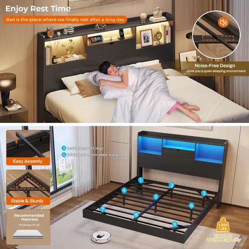 Vista 5 de DICTAC Base de cama flotante matrimonial con luces LED y cabecera de almacenamiento, cama flotante visual con estación de carga, cama de plataforma