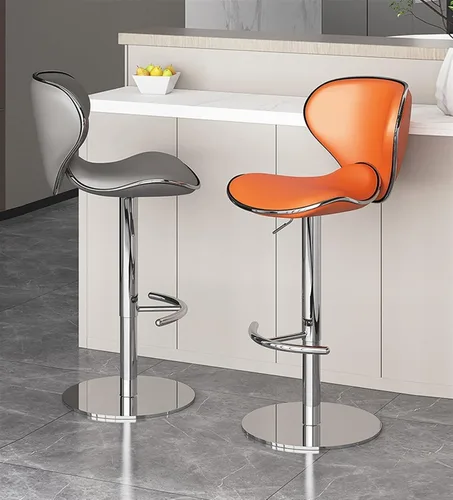 Vista 4 de Juego de 2 taburetes giratorios para mostrador de desayuno, taburete ergonómico con respaldo de barra, altura ajustable, cuero de napa cromado