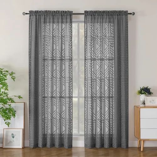 Vista 26 de Simplebrand Cortinas traslúcidas negras de cocina de 24 pulgadas de largo, 2 paneles, filtrado de luz, geométrico jacquard con textura, cortinas