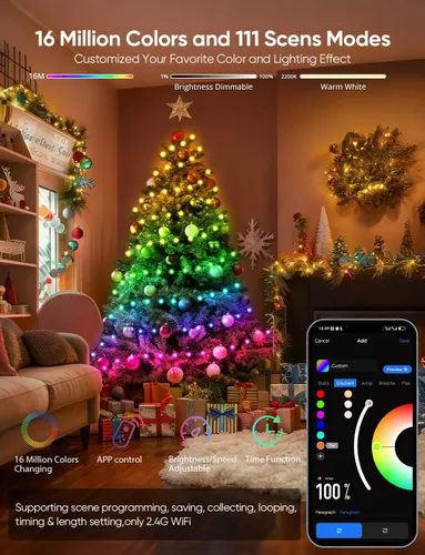 Vista 3 de APPECK RGBW - Guirnalda de luces navideñas de 66 pies, 200 luces, control de aplicación