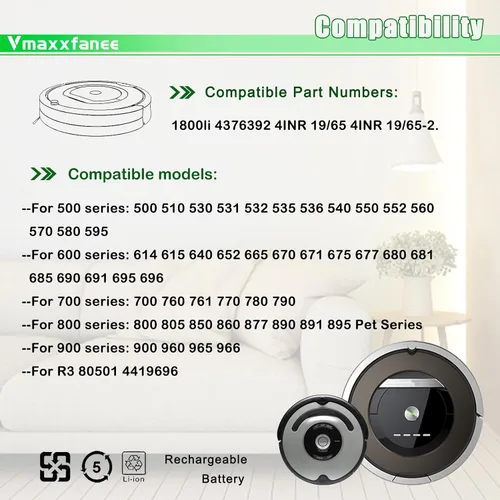 Vista 5 de Batería de repuesto 1800LI de iones de litio para 500 600 700 800 900 Series compatible con Roomb 895 890 860 805 960 980 690 695 680 675 614 640
