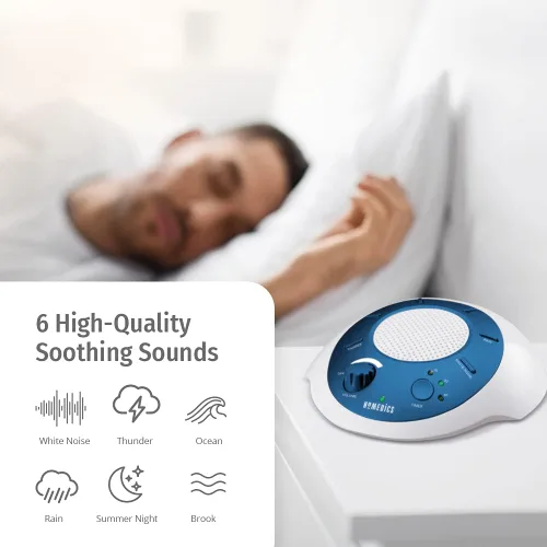 Vista 2 de Máquina de sonido de ruido blanco Homedics SoundSleep, azul, pequeña máquina de sonido portátil con 6 relajantes sonidos de la naturaleza, terapia