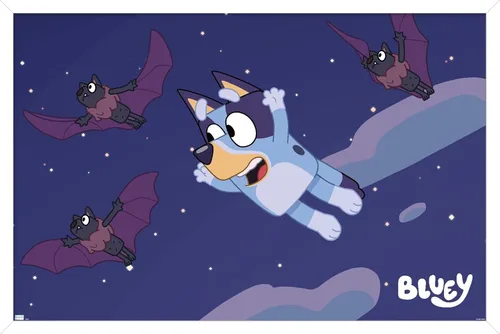 Vista 13 de Bluey - Póster de pared de murciélagos, 22.4 pulgadas de largo x 14.7 pulgadas de ancho, versión enmarcada de madera de granero