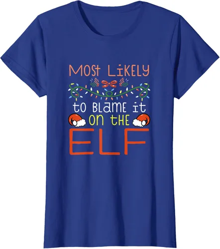 Vista 7 de Camiseta de Navidad familiar a juego con la frase "Most Likely To Blame It On The Elf" Negro