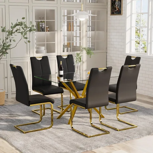 Vista 11 de 5-Piece 47" Dining Table with 4 PU Leather Chairs, Modern Dining Table Set for 4, Rectangle Black Top Kitchen Table with Black Metal Legs for Dining