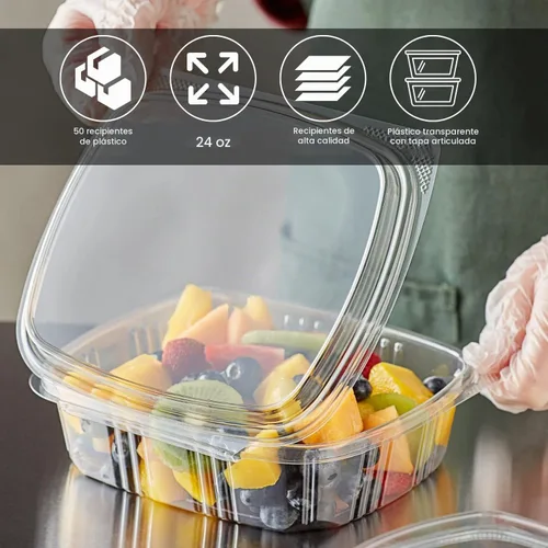 Vista 2 de Contenedores de delicatessen con tapas con bisagras, plástico PET, transparente, 24 onzas, 50 unidades, concha, rectangular, almacenamiento