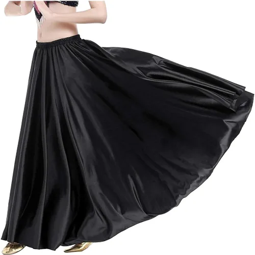 Vista 7 de Indian Trendy Falda de satén para mujer, de círculo completo, para danza del vientre tribal, con movimiento de Halloween Negro