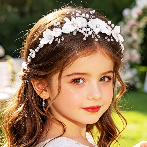 Vista 3 de Campsis Diadema para niña de flores, tocado blanco para primera comunión