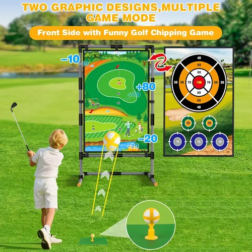 Vista 3 de Juego de astillado de golf – Alfombrilla de doble cara con soporte, divertido juego de práctica para niños y adultos