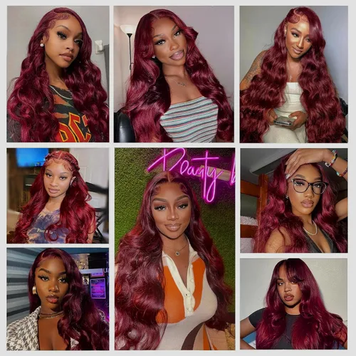 Vista 7 de Daphernew Pelucas de cabello humano ondulado sin pegamento, precortadas, densidad del 180 %, encaje frontal HD, color rojo cereza, peluca de cabello